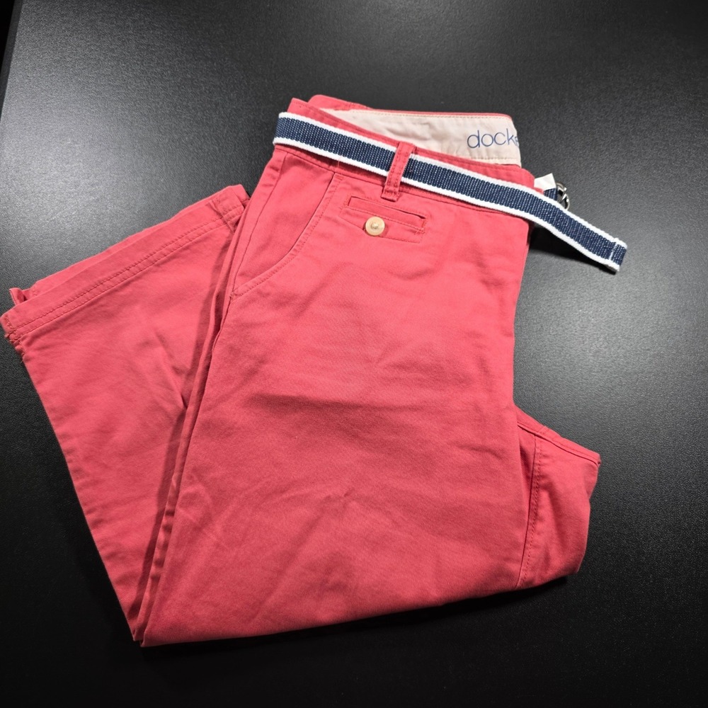 Dockers Womens Coral Pink Capri Pants Size 6 With Striped D-Ring Belt Stretch *